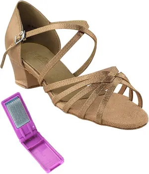 Very Fine Dance Shoes - Ladies Practice, Cuban Low Heel, Waltz Ballroom Dance Shoes - 1670C - 1.5-inch Heel and Foldable Brush Bundle - Brown Satin - 9.5