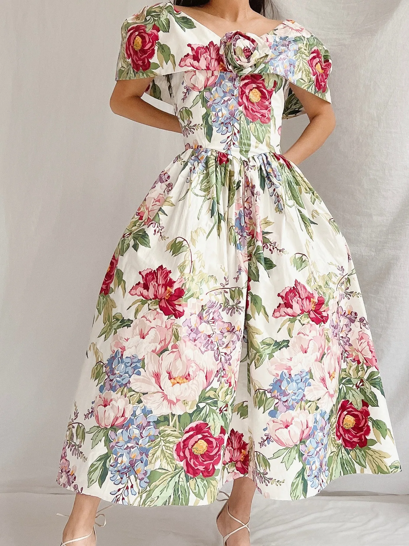 Vintage Polished Cotton Floral Dress - XS