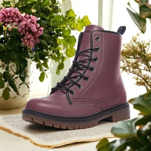 Vintage Wine Red Vegan Combat Boots| Berry Leather Urban Boots| Vintage Burgundy Lace-Up Boots| Steampunk boots| Renaissance boots For Women| Men
