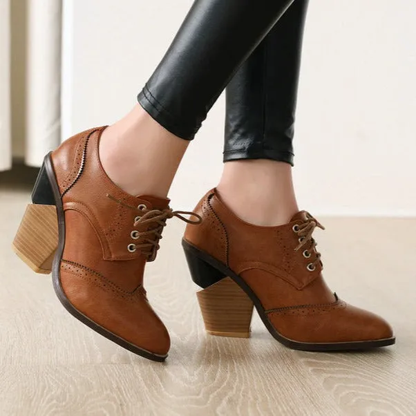 Women lace up oxfords color block England style block heels