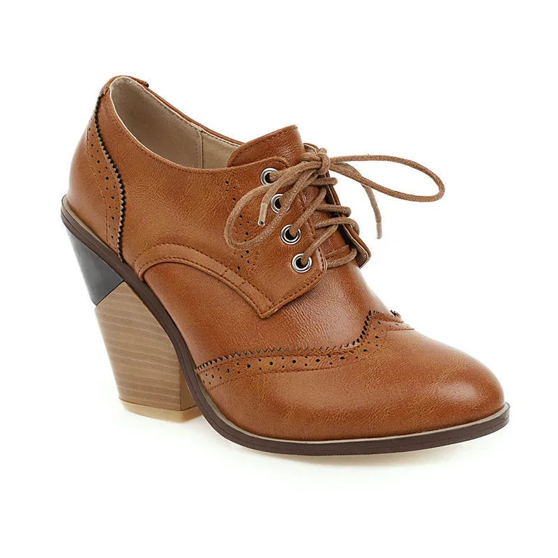 Women lace up oxfords color block England style block heels
