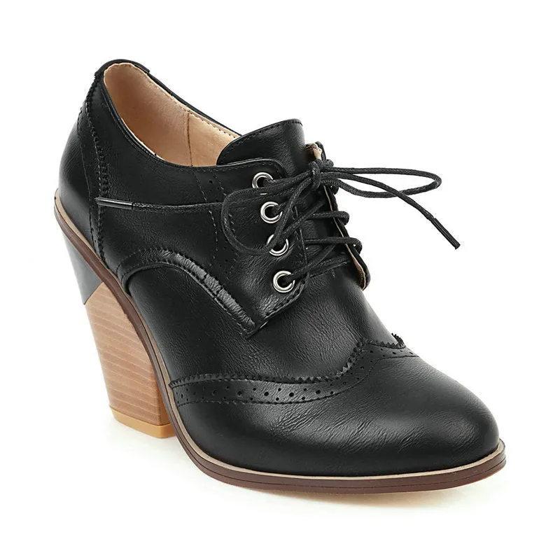 Women lace up oxfords color block England style block heels