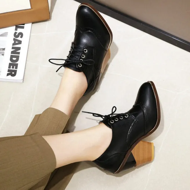 Women lace up oxfords color block England style block heels