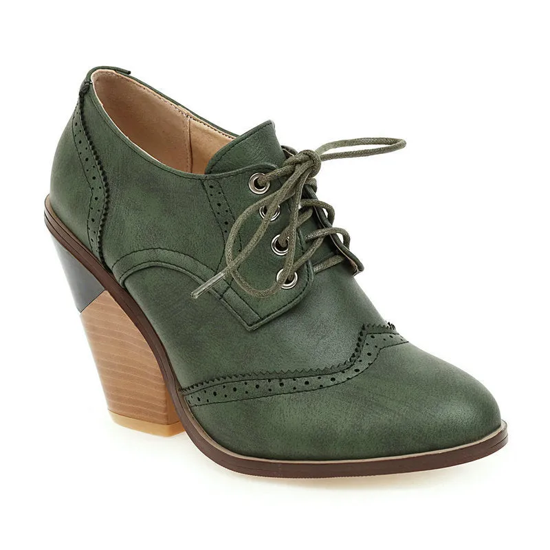 Women lace up oxfords color block England style block heels