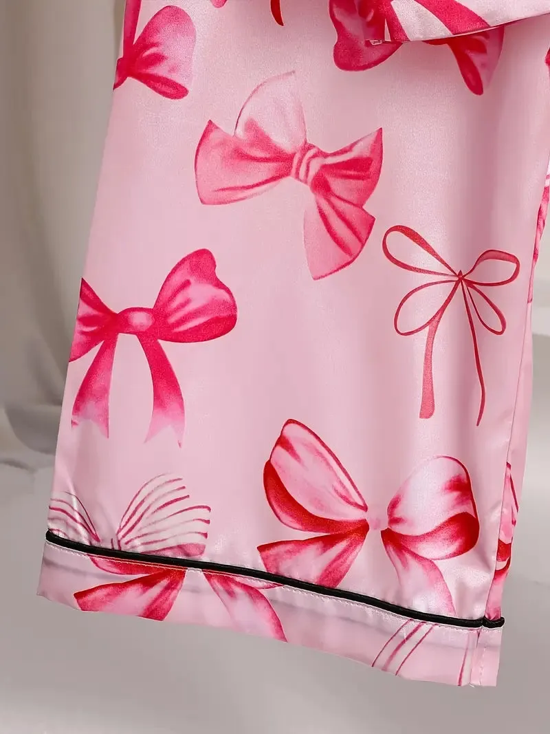Women's Bow Print Pajama Set  Elegant Comfort for Cozy Nights 