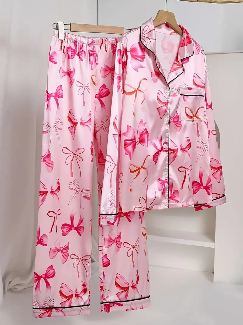 Women's Bow Print Pajama Set  Elegant Comfort for Cozy Nights 