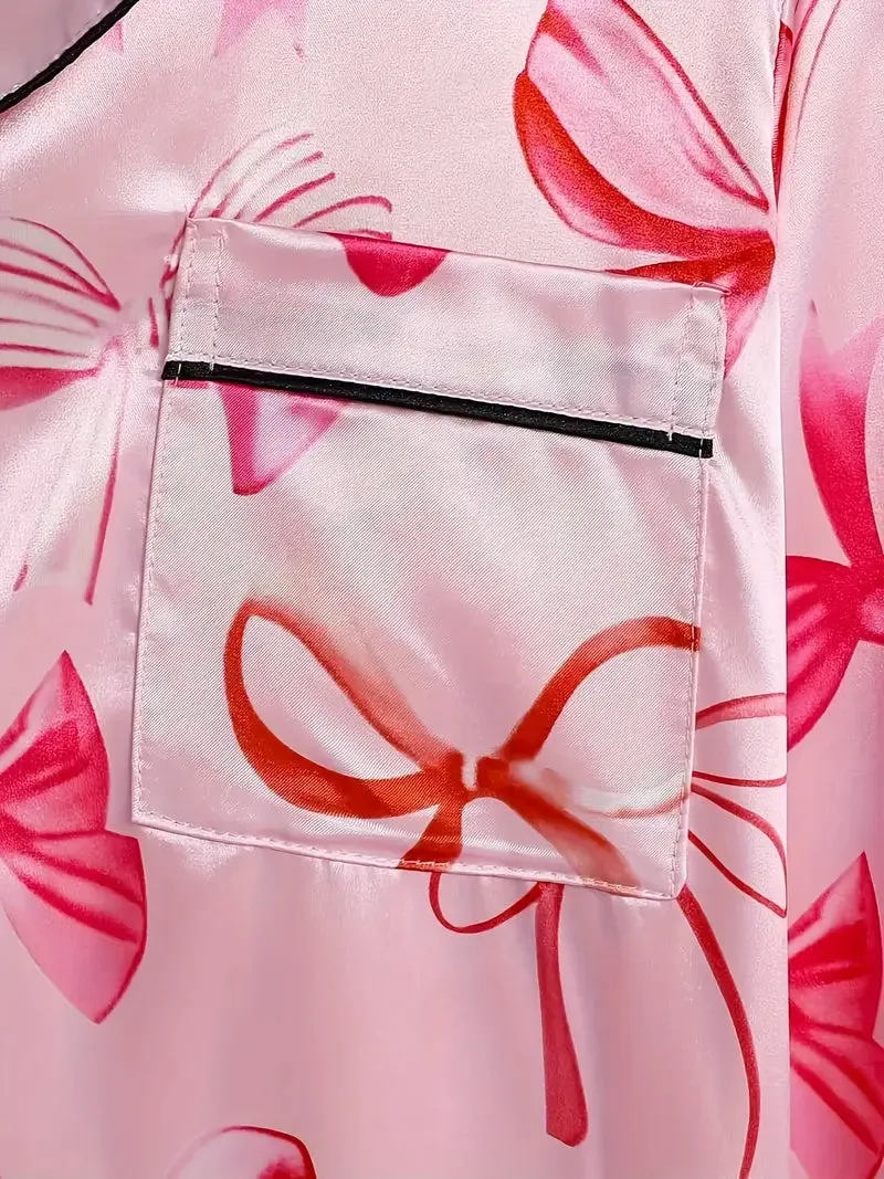 Women's Bow Print Pajama Set  Elegant Comfort for Cozy Nights 