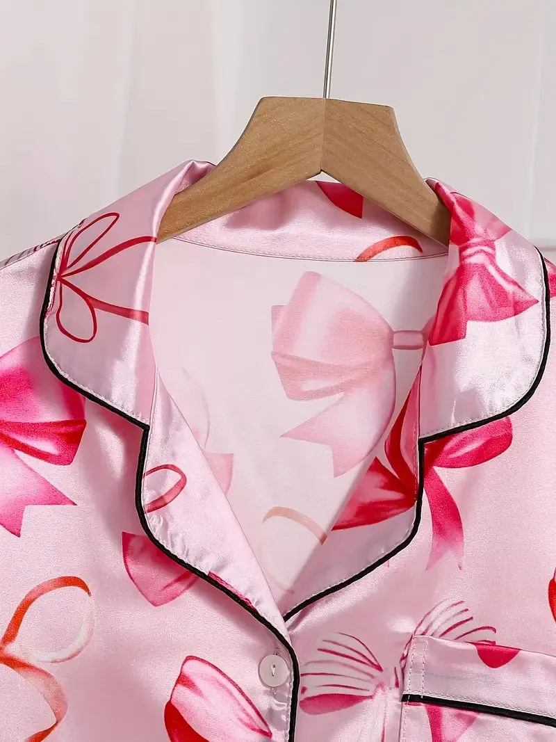 Women's Bow Print Pajama Set  Elegant Comfort for Cozy Nights 