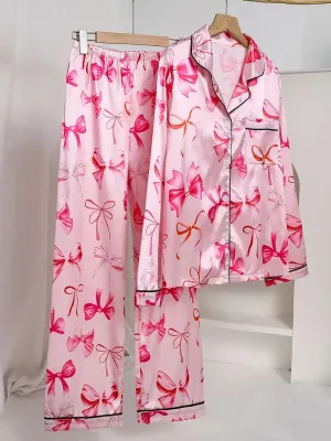 Women's Bow Print Pajama Set  Elegant Comfort for Cozy Nights 