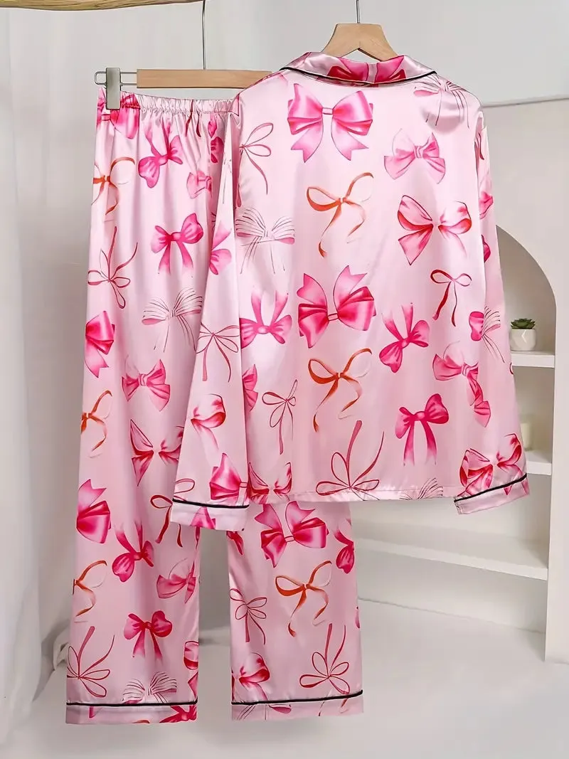 Women's Bow Print Pajama Set  Elegant Comfort for Cozy Nights 