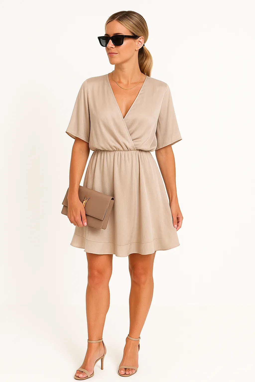 Womens Dress  Relaxed Fit  Batwing Sleeves  V-Neck  Asymmetrical Hem  Knot Front
