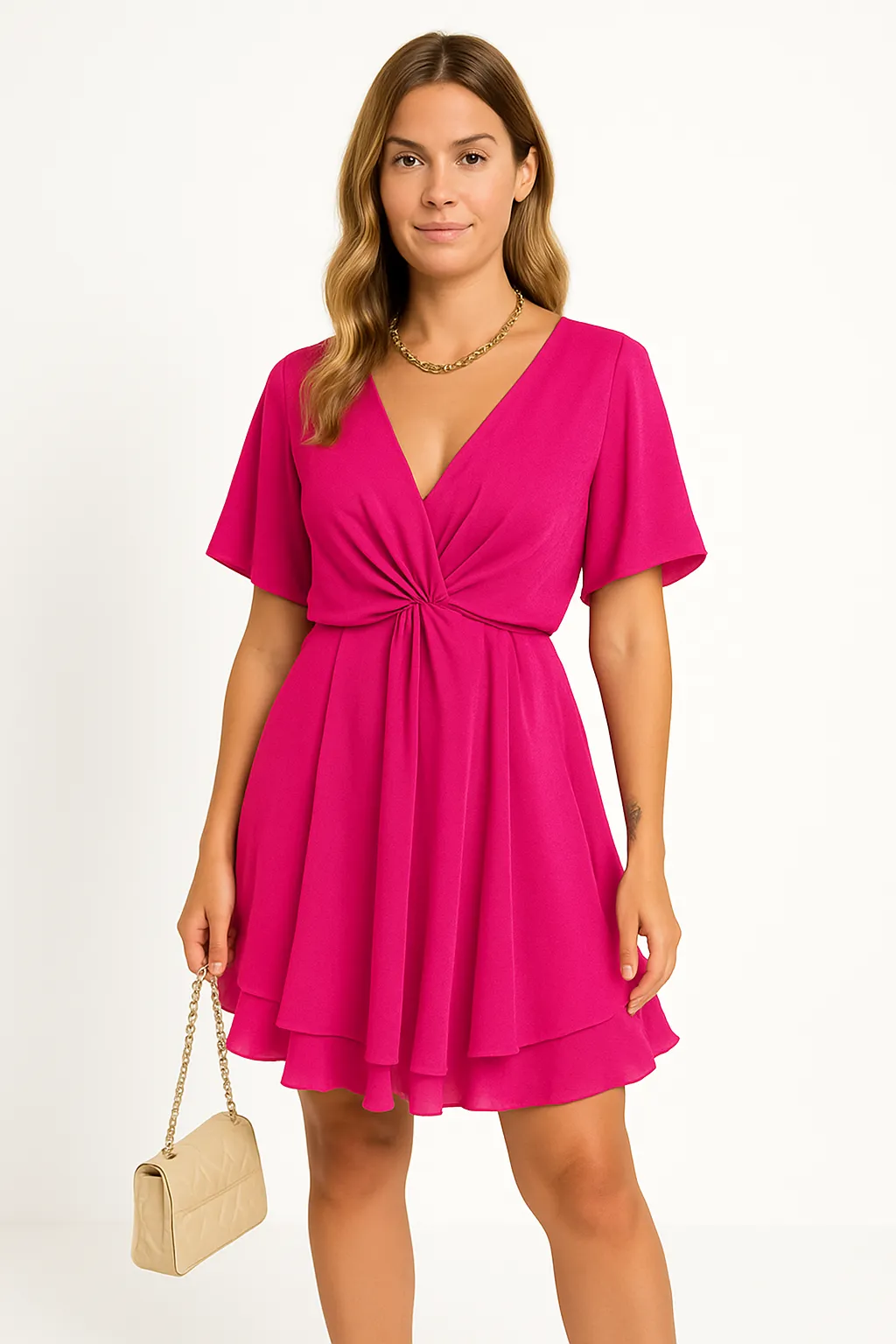 Womens Dress  Relaxed Fit  Batwing Sleeves  V-Neck  Asymmetrical Hem  Knot Front