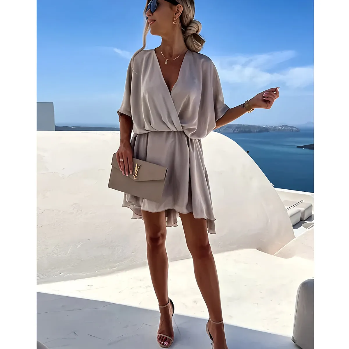 Womens Dress  Relaxed Fit  Batwing Sleeves  V-Neck  Asymmetrical Hem  Knot Front