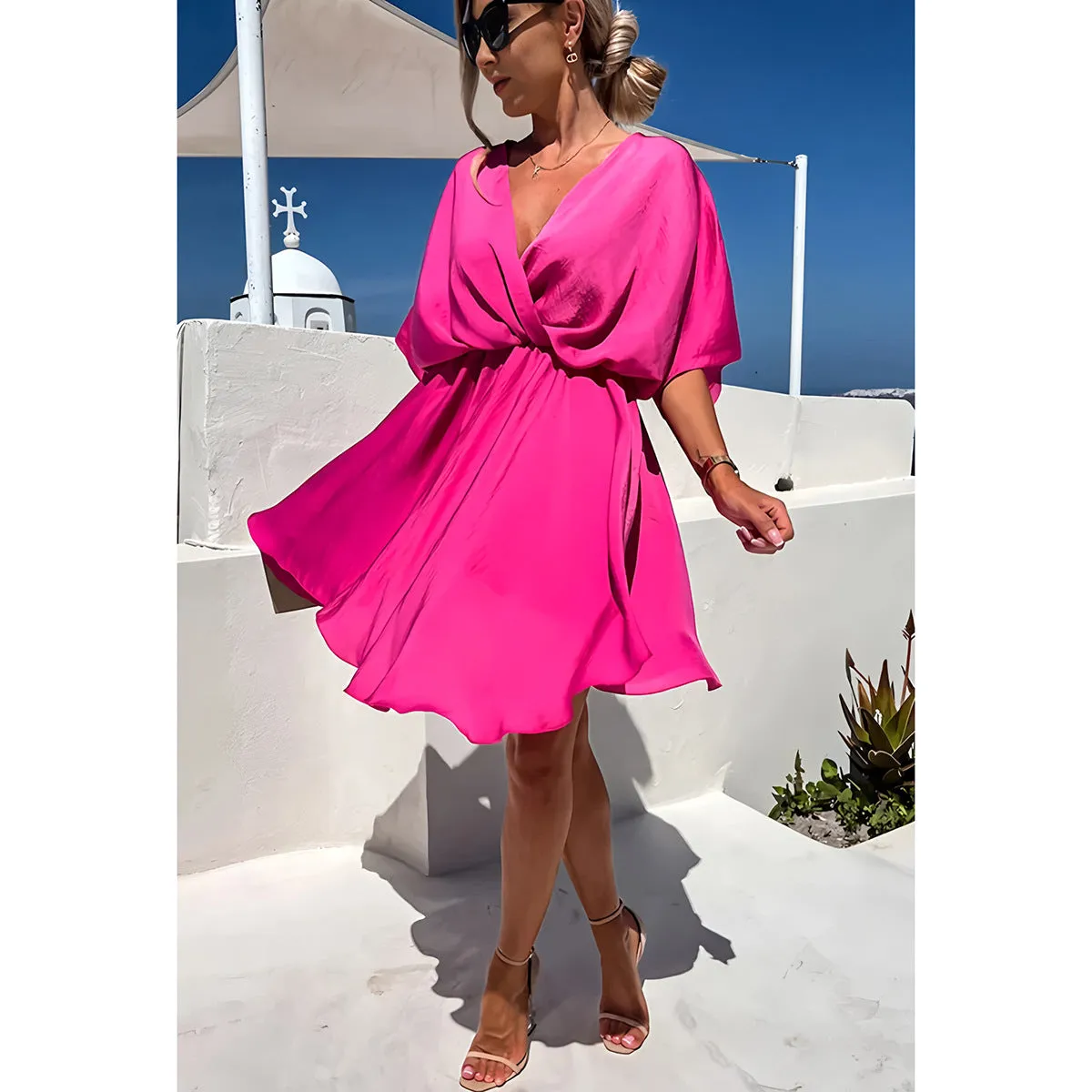 Womens Dress  Relaxed Fit  Batwing Sleeves  V-Neck  Asymmetrical Hem  Knot Front
