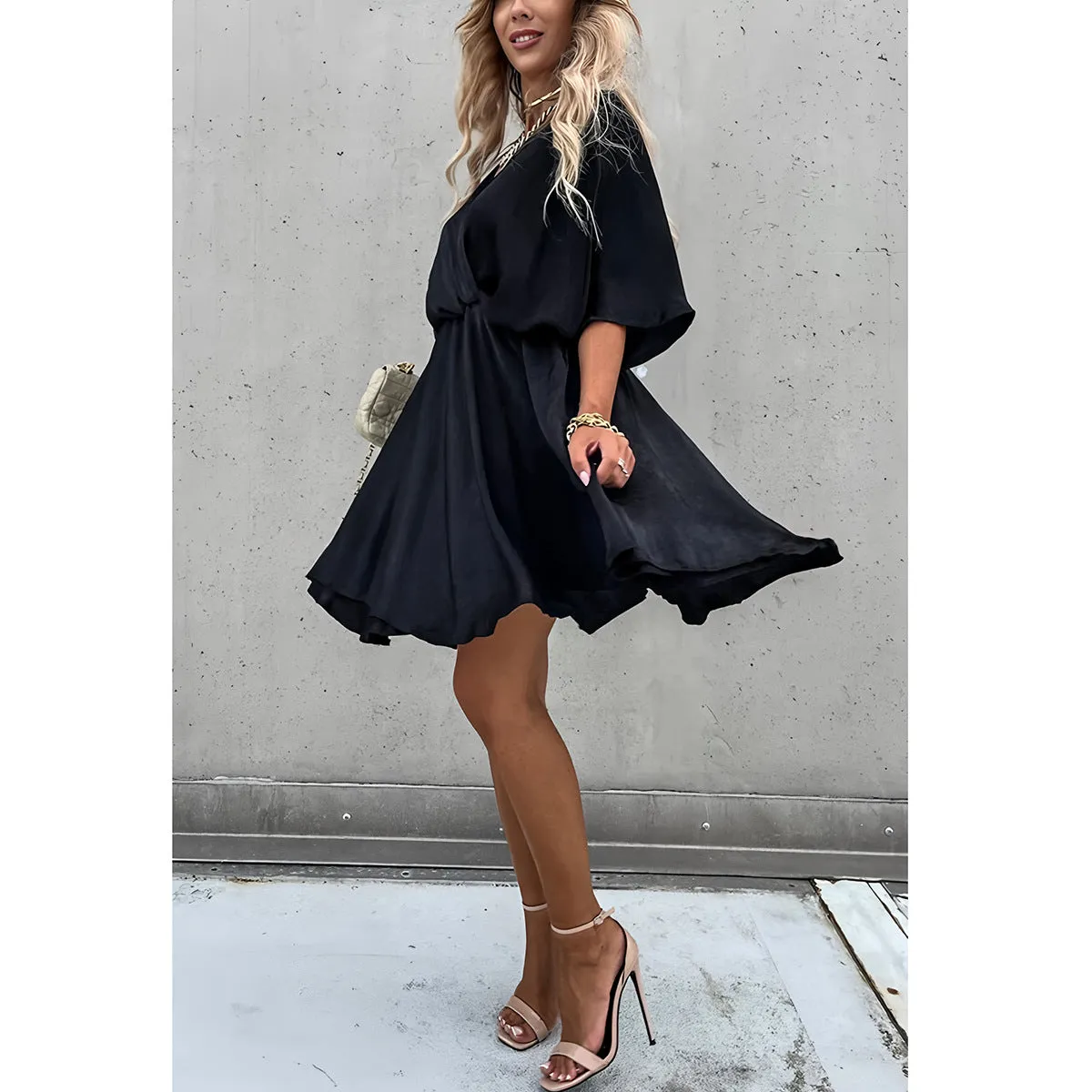 Womens Dress  Relaxed Fit  Batwing Sleeves  V-Neck  Asymmetrical Hem  Knot Front