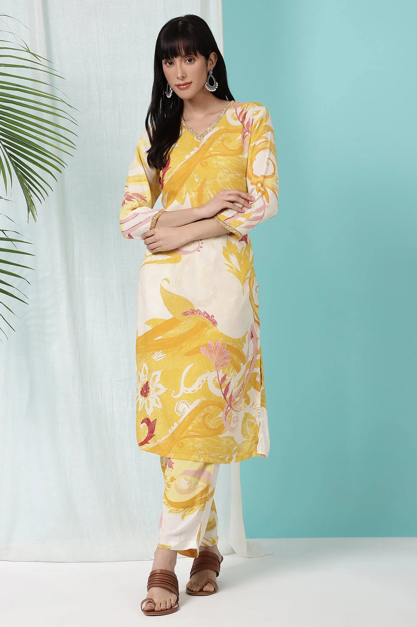 Yellow Bold Floral Printed Modal Straight Kurta and Pants Co-ord Set